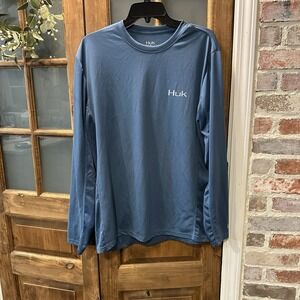 Huk Mens Performance Stretch Fishing Long Sleeve Pullover Blue Logo Shirt‎ L